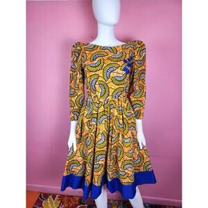 Size XS Handmade Retro African Wax Print Ankara Orange Blue 50's Style Dress